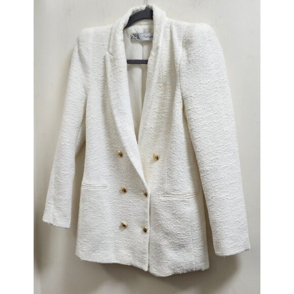 ZARA White Bouclé Double Breasted Blazer Gold Buttons Textured Jacket Women’s S - Picture 4 of 16